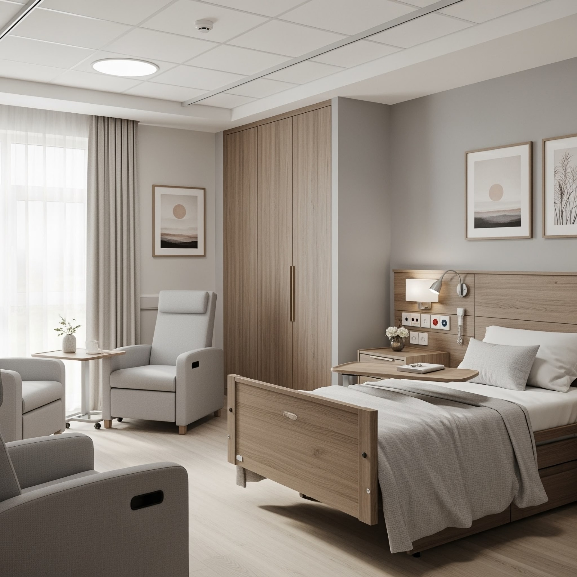 Pflegeheimzimmer mit Bett und gepolsterten Sesseln