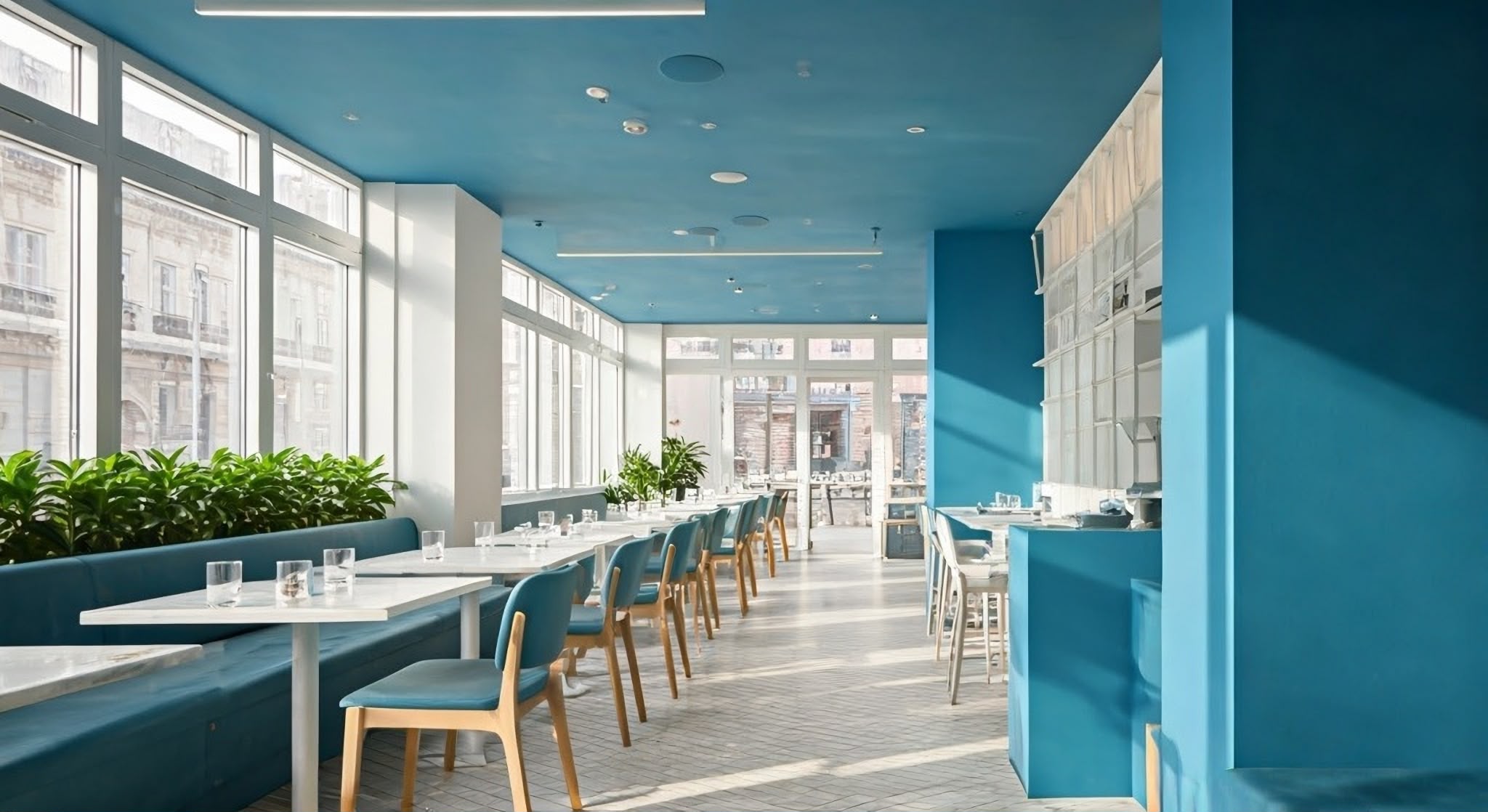 Blaue Sitzpolster in einem Restaurant