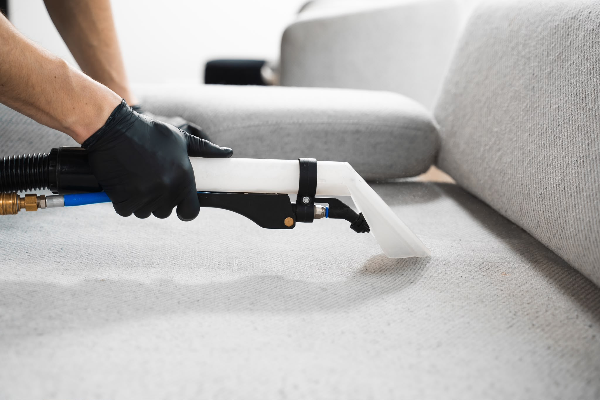 Polsterreinigung Stuttgart: Sofa wird vor Ort mit Sprühextraktion fasertief gereinigt