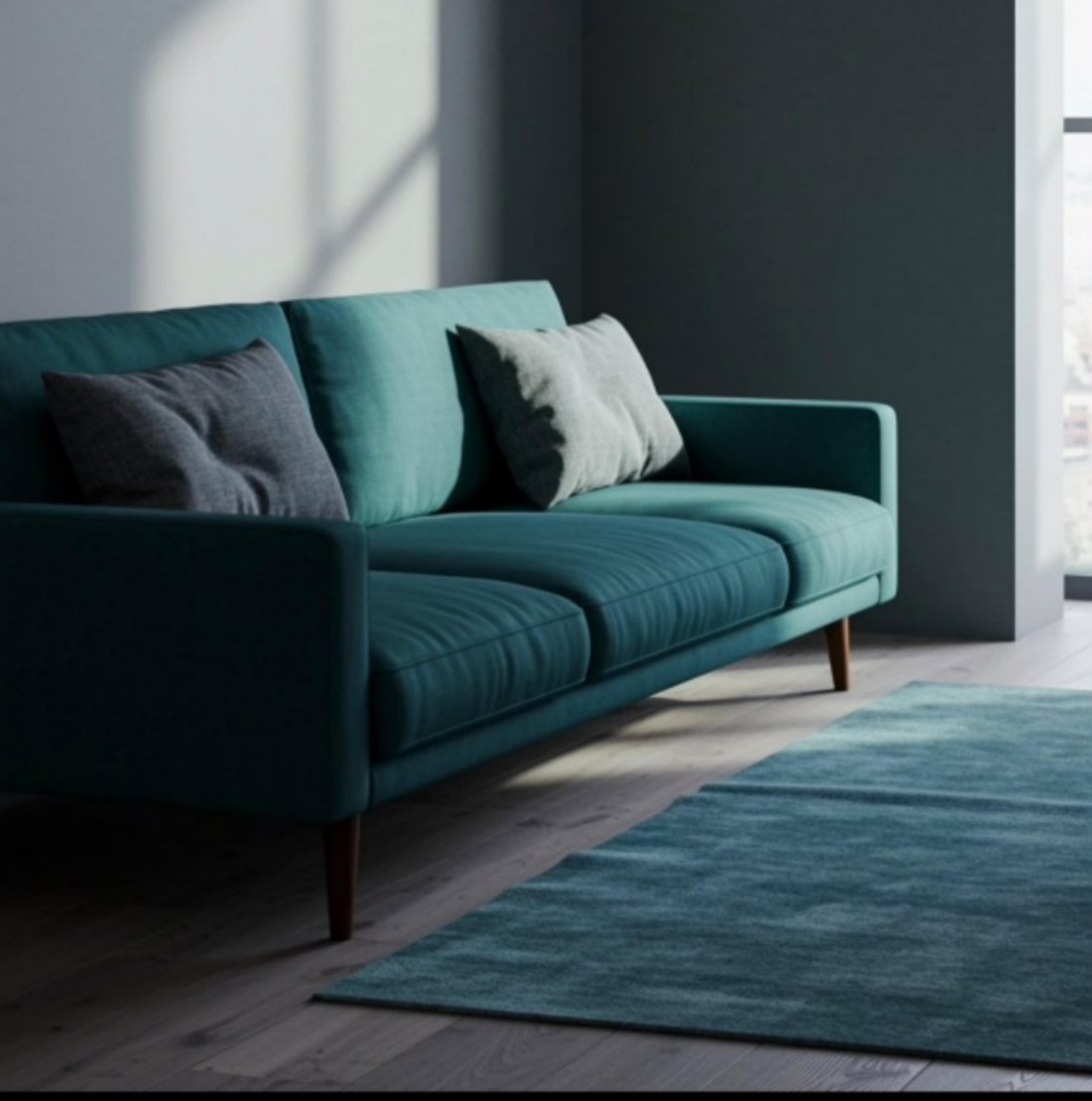 Dunkler Büro-Loungebereich mit türkisfarbenem Sofa – gewerbliche Polsterreinigung