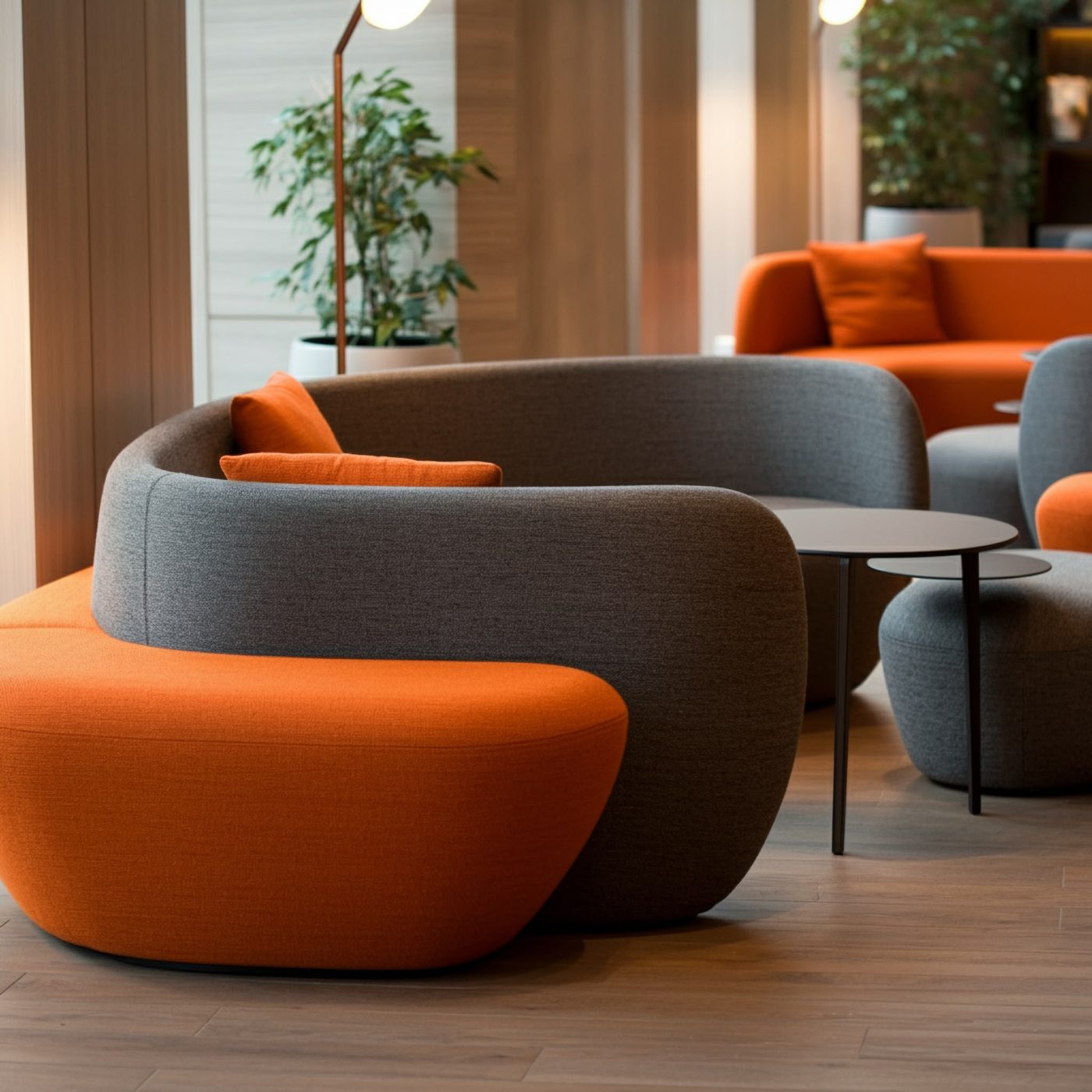 Hotel-Lobby mit orangefarbenen Sofas und Sesseln – Hotelsofa-Reinigung